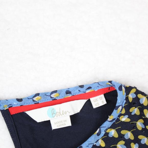 Boden Floral Blouse Womens 8 Navy Yellow Ruffle Sheer Romantic Top Lightweight - Picture 3 of 6